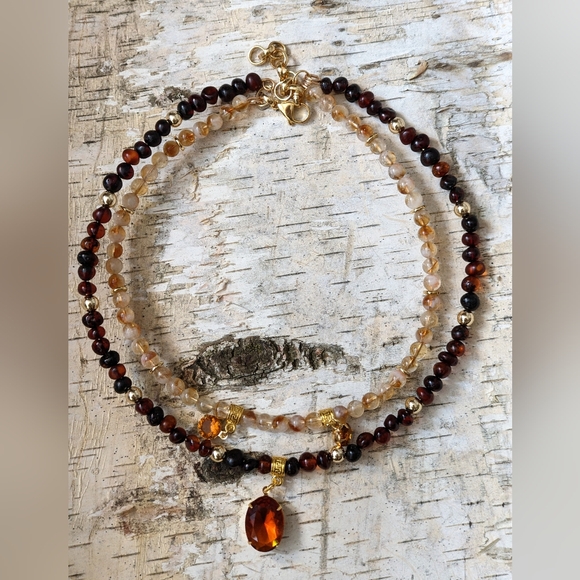 11 Carats Natural Whiskey Citrine & Baltic Amber Two Strand Choker Necklace - Picture 7 of 9